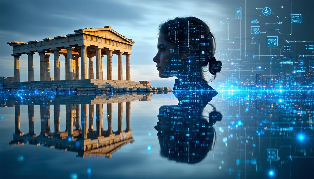 A mirror reflecting both an ancient Greek temple and a modern cityscape with data symbols