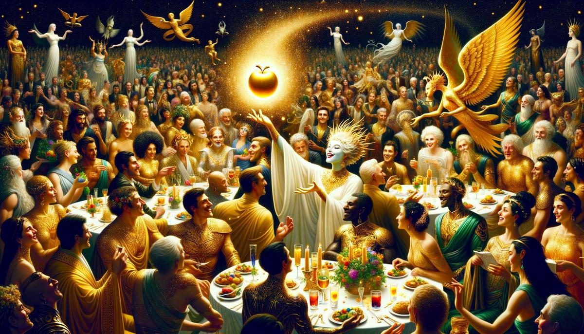 A mischievous goddess tossing a golden apple into a crowd