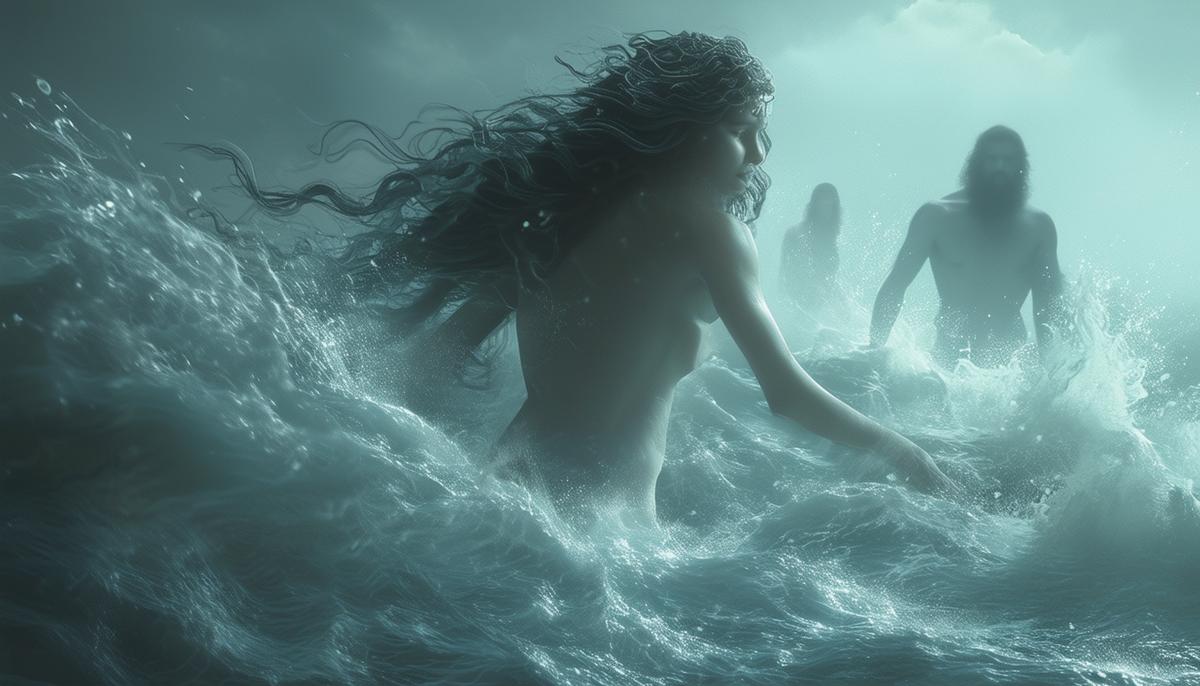 A misty, dream-like scene depicting Ececheira's mythological origins. The goddess is shown emerging from the sea, her form half-hidden by swirling water and foam. In the background, the shadowy figures of Poseidon and Oceanus can be seen, hinting at her divine parentage.