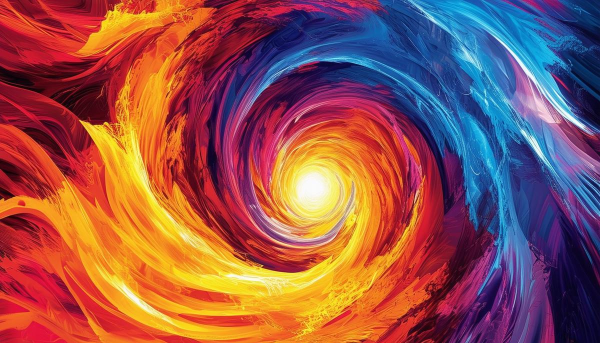A modern artistic interpretation of Charybdis, depicting a swirling vortex of colors and abstract shapes converging towards a central point.