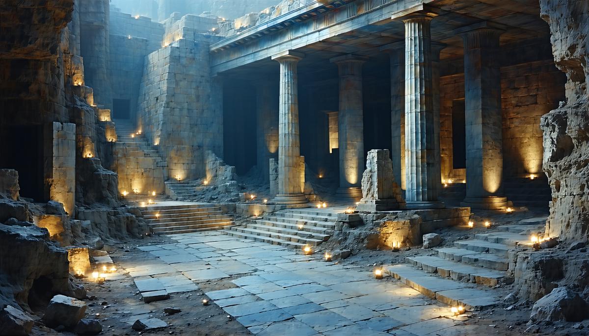 A modern artistic interpretation of the Greek underworld with contemporary elements