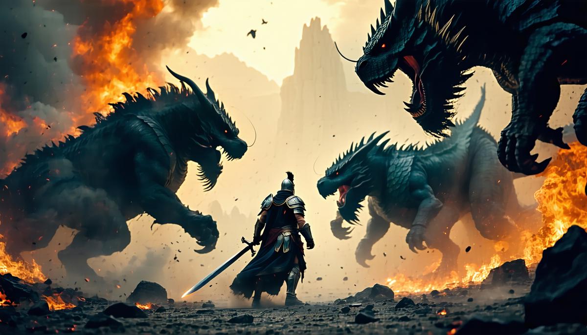 A modern cinematic depiction of Perseus battling mythical creatures
