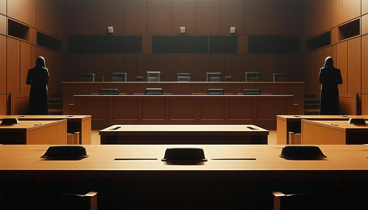 A modern courtroom with shadowy outlines of the Furies observing from the back, symbolizing their influence on contemporary justice