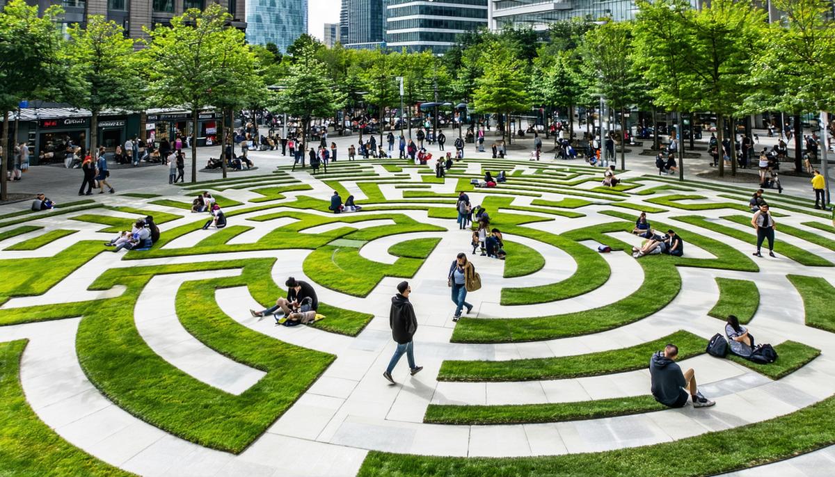 A modern labyrinth integrated into an urban park with people walking and relaxing around it