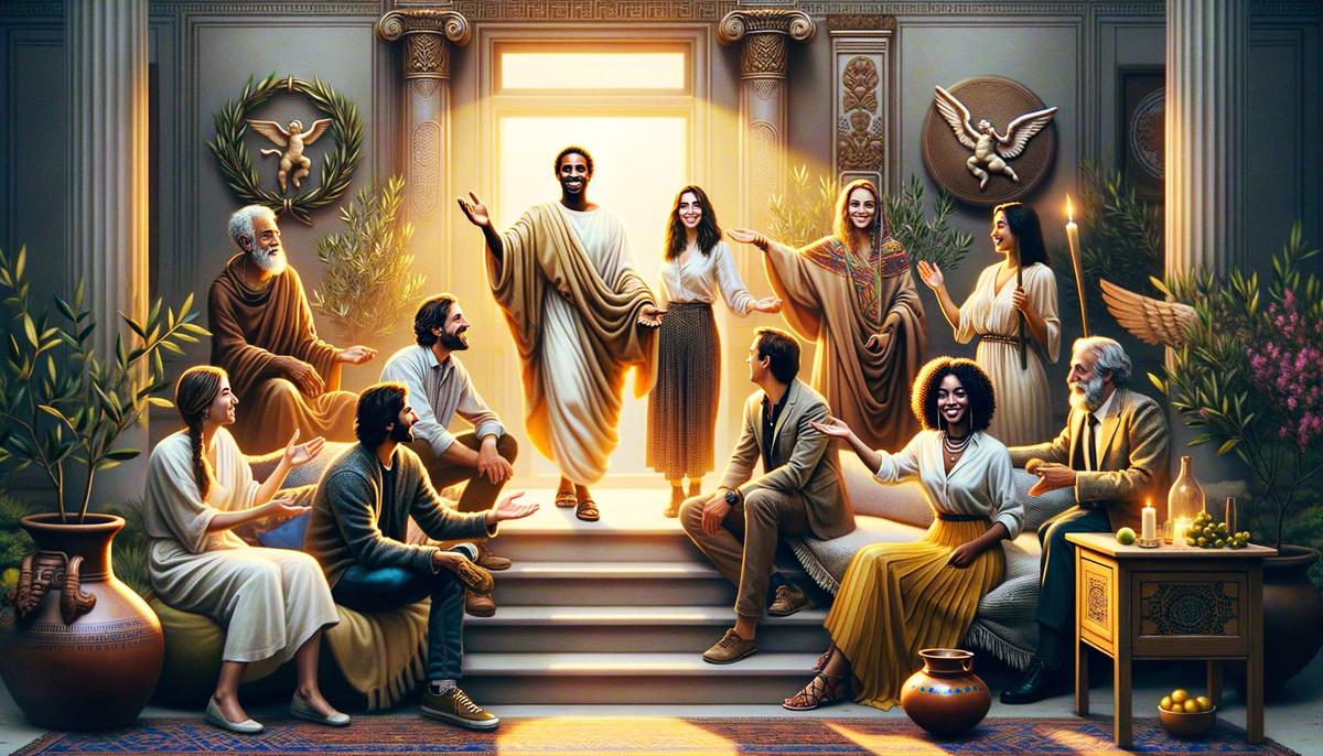 A modern scene echoing ancient Greek hospitality, with people welcoming strangers