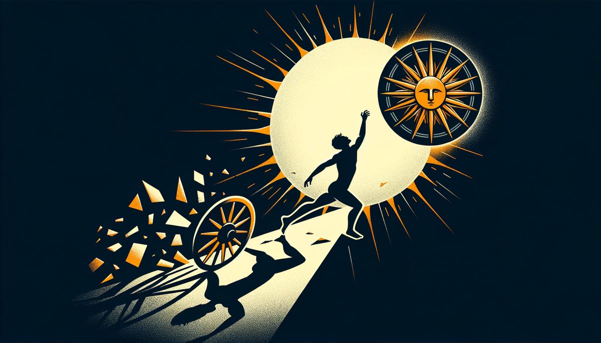A modern symbolic representation of Phaethon's myth with a young person reaching for the sun