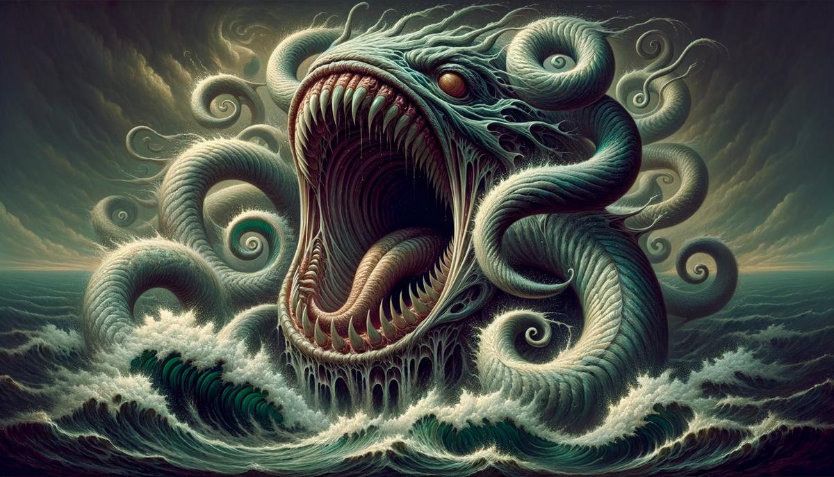 A monstrous depiction of Charybdis, with a gaping maw, serpentine features, and a swirling vortex of water surrounding her.