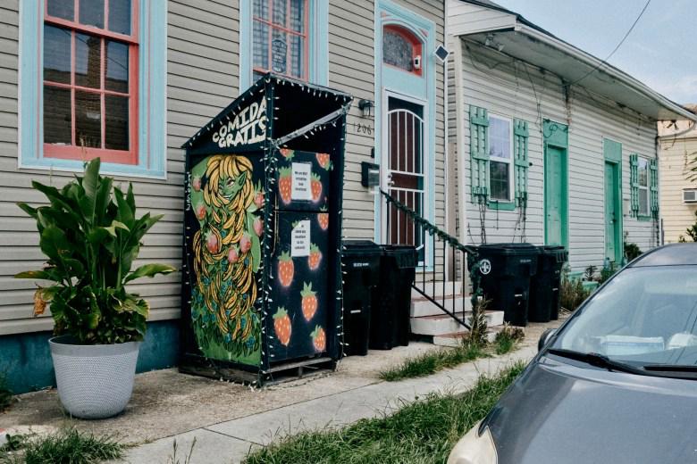 A montage illustrating modern-day examples of generosity and kindness, such as community fridges, food-sharing apps, and people opening their homes during crises.