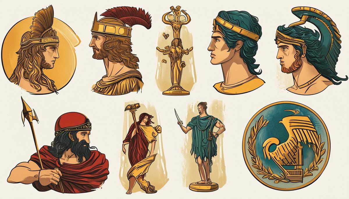 A montage of Greek mythological elements in modern media, featuring streaming service interfaces, video game characters, and book covers