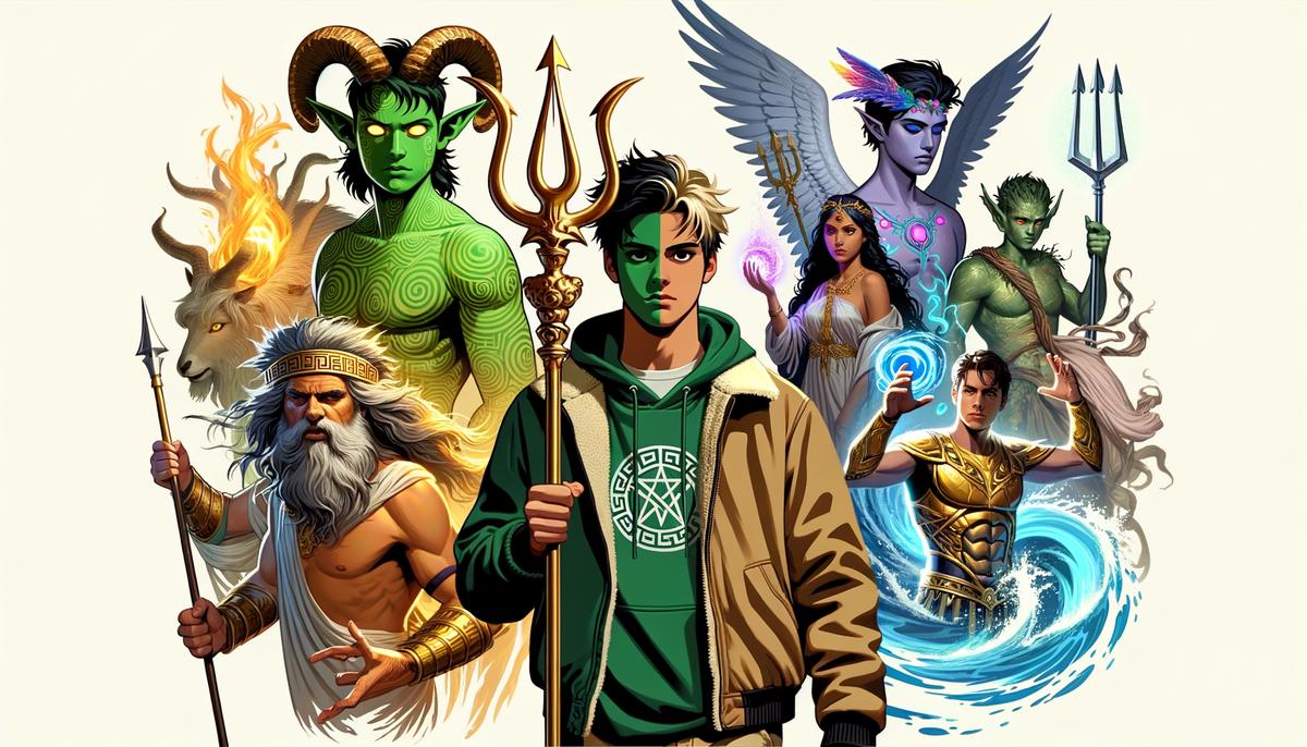 A montage of modern characters inspired by Greek mythology, including Loki and Percy Jackson