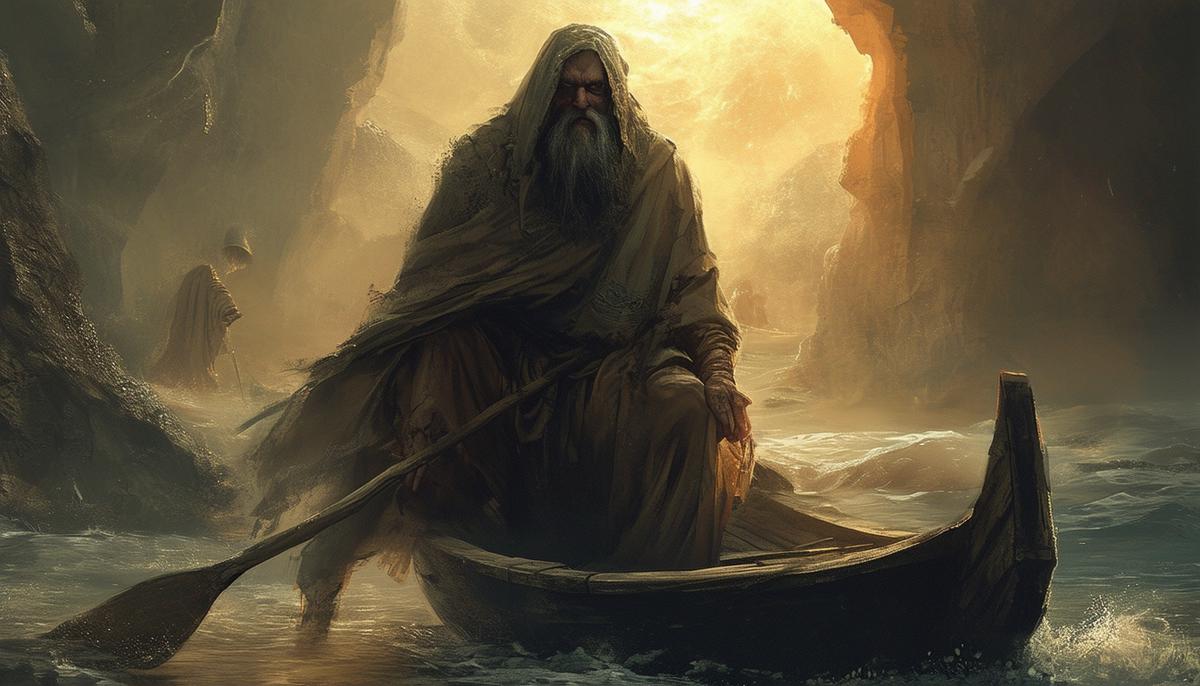 A montage of various modern interpretations of Charon, the ferryman of the underworld, in popular media such as video games, movies, and literature.
