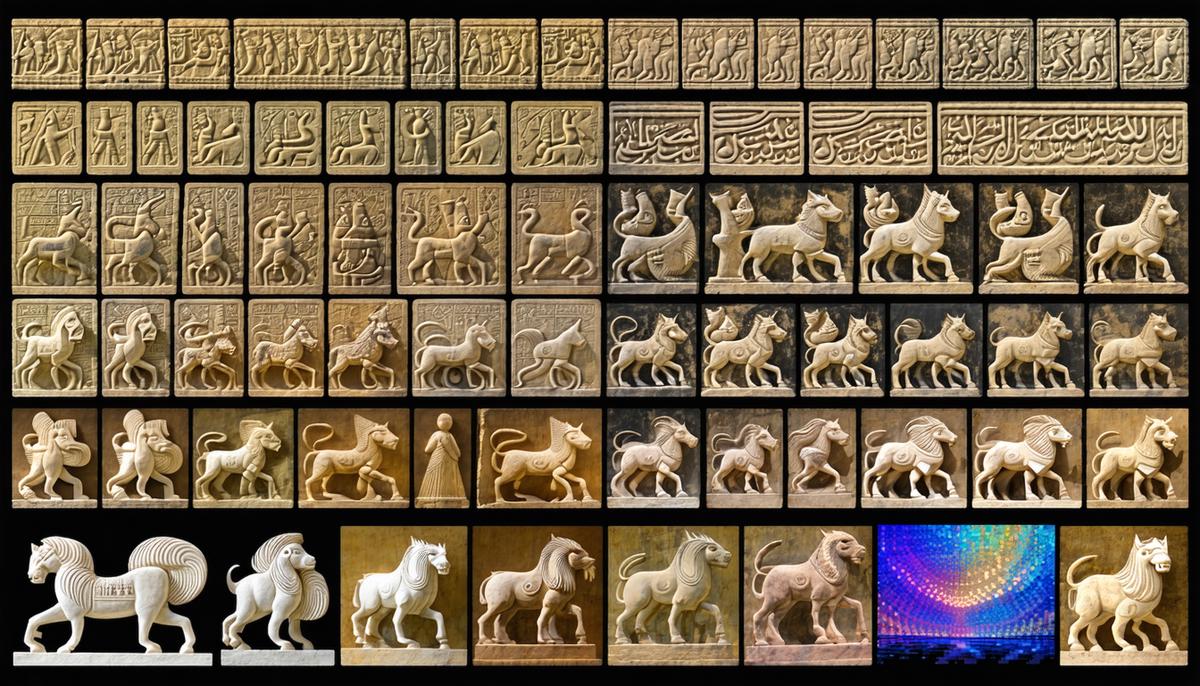 A montage showing mythical beasts in various forms of cultural expression, including ancient pottery, literature, and modern media.