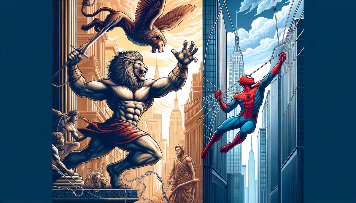 A montage showing the evolution of the hero's journey from ancient Greece to modern comics