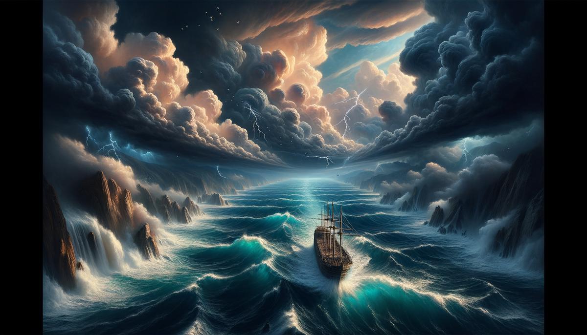 A moody, evocative landscape of the Hellespont strait, with the turbulent waters symbolizing the trials and uncertainties of love and life.