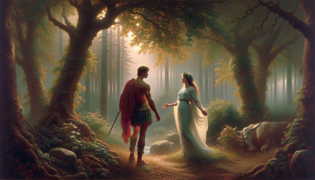 A mortal man and a goddess in a secret forest meeting