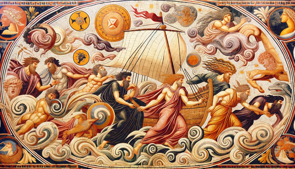 A mosaic featuring Lipse alongside other lesser-known Greek deities, each with their own unique symbolism and sphere of influence