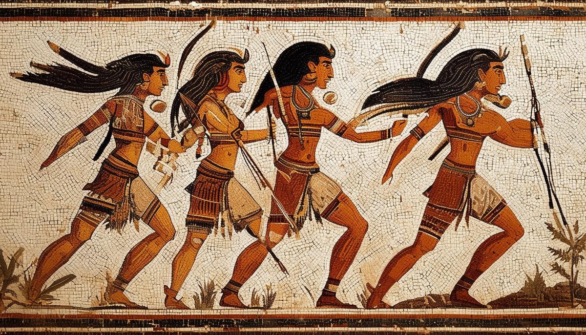 A mosaic from Edessa depicting the Amazonian warrior Melanippe actively engaged in hunting pursuits.