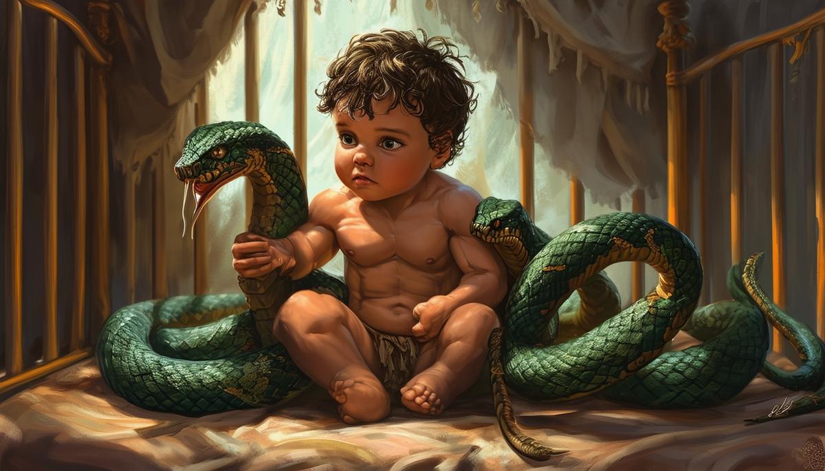 A muscular baby Heracles strangling two serpents in his crib