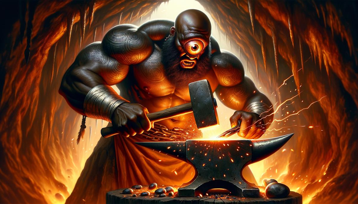 A muscular cyclops blacksmith with one large eye, forging Zeus's thunderbolts in a dark cave with an anvil and hammer, sparks flying.