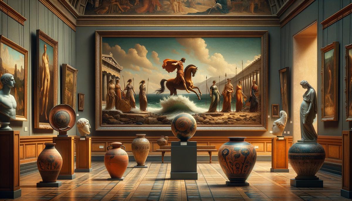 A museum gallery showcasing various artistic interpretations of Apollo and Daphne from different eras