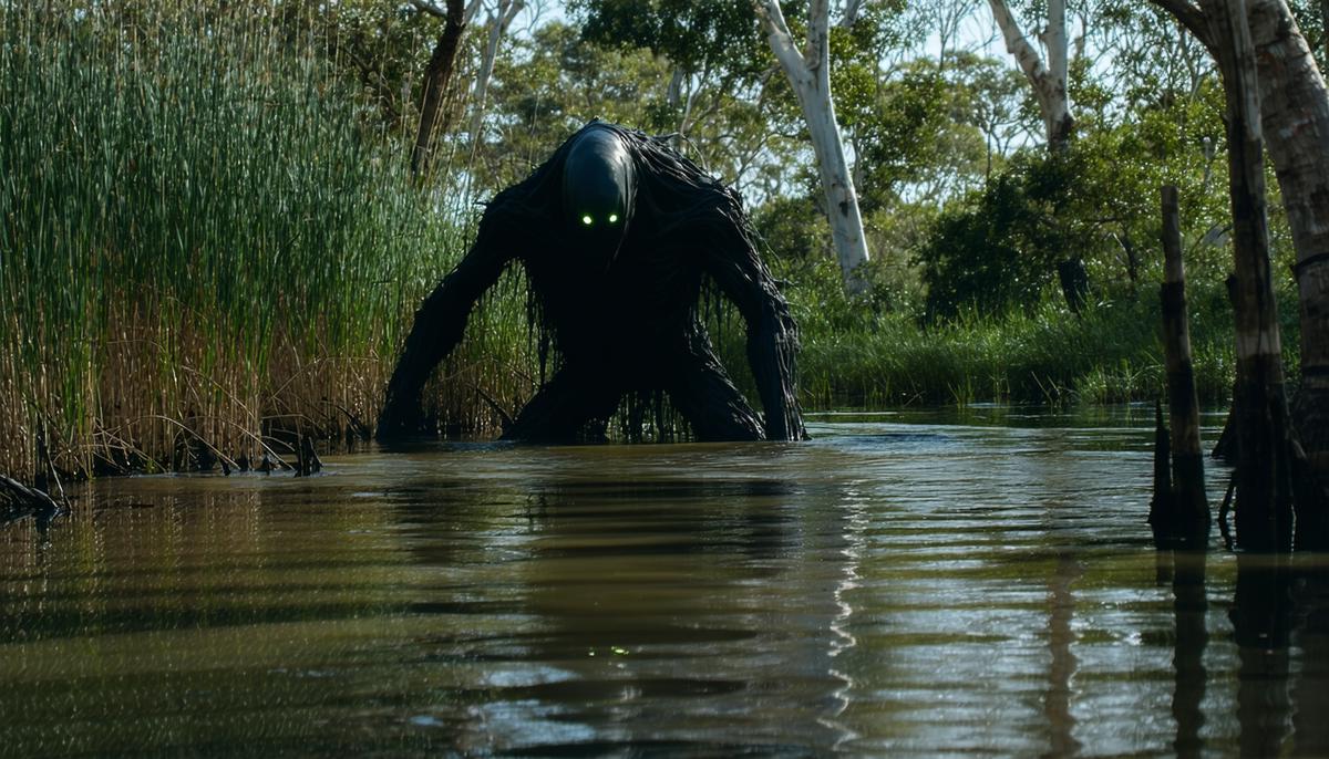 A mysterious, shadowy creature lurking beneath the surface of a murky billabong, surrounded by reeds and gum trees