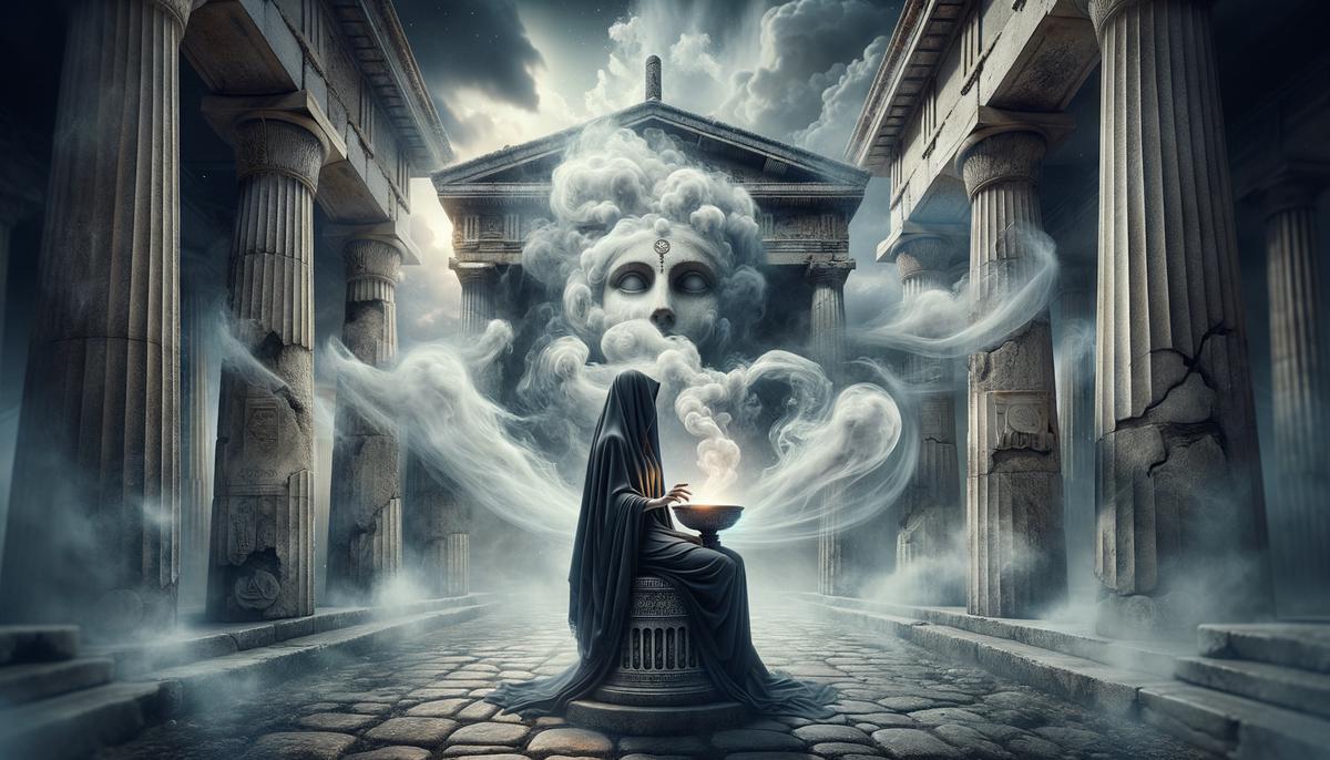 A mysterious veiled Oracle of Delphi seated before a smoking tripod, surrounded by ancient Greek architecture