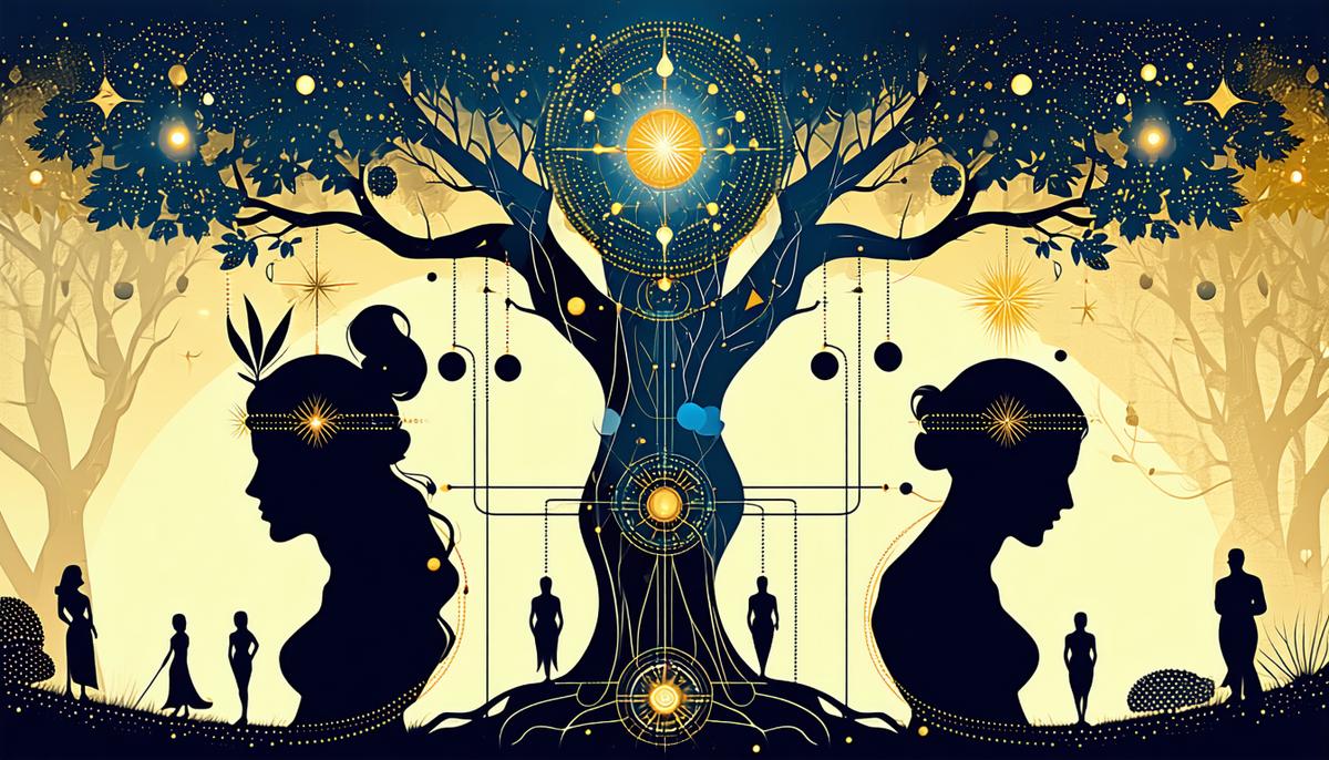A mystical family tree showing the Fates' connection to Zeus, Themis, and Nyx