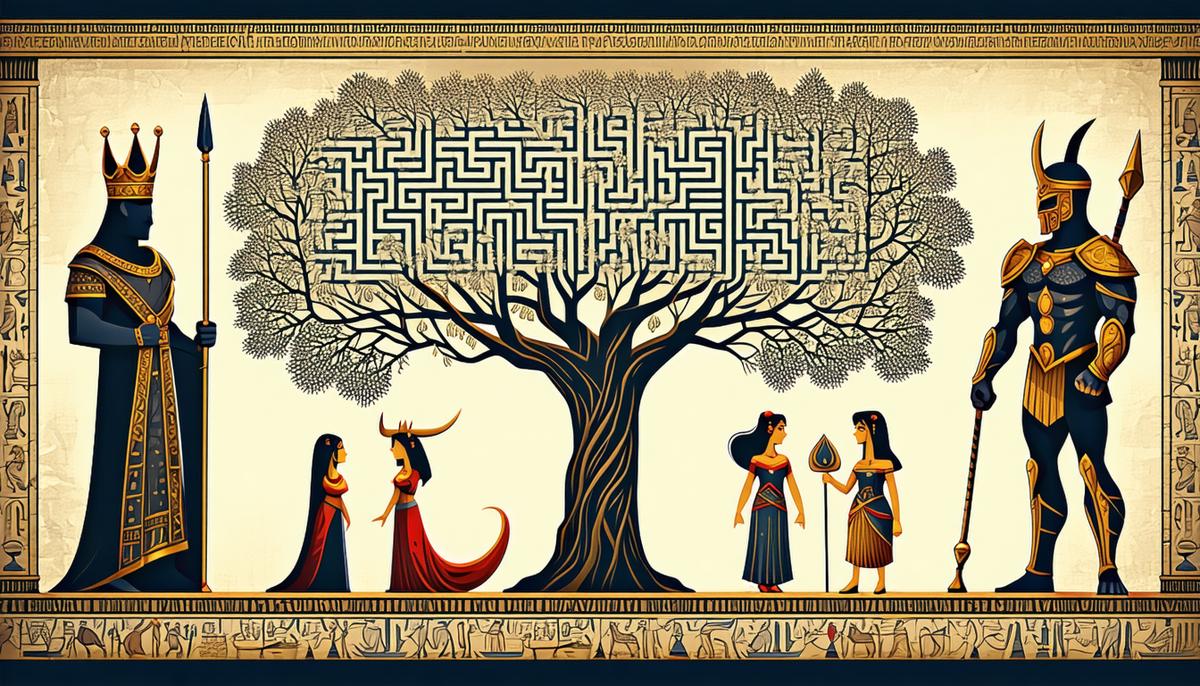 A mythological family tree showing King Minos, Pasiphaë, the Minotaur, Ariadne, and Theseus, with a labyrinth in the background