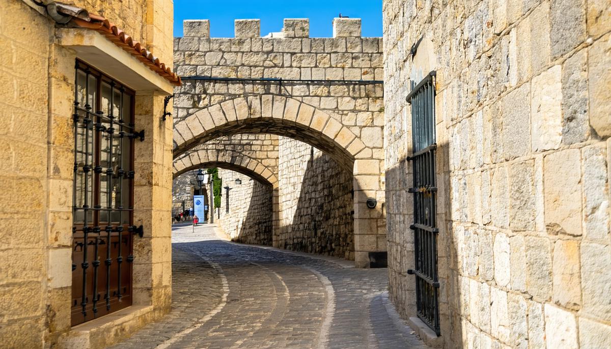 A narrow, cobblestone street in the medieval Old Town of Rhodes, lined with stone buildings and archways