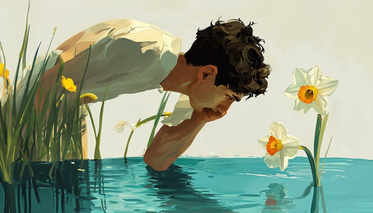 A painting depicting Narcissus gazing at his own reflection in a pool of water