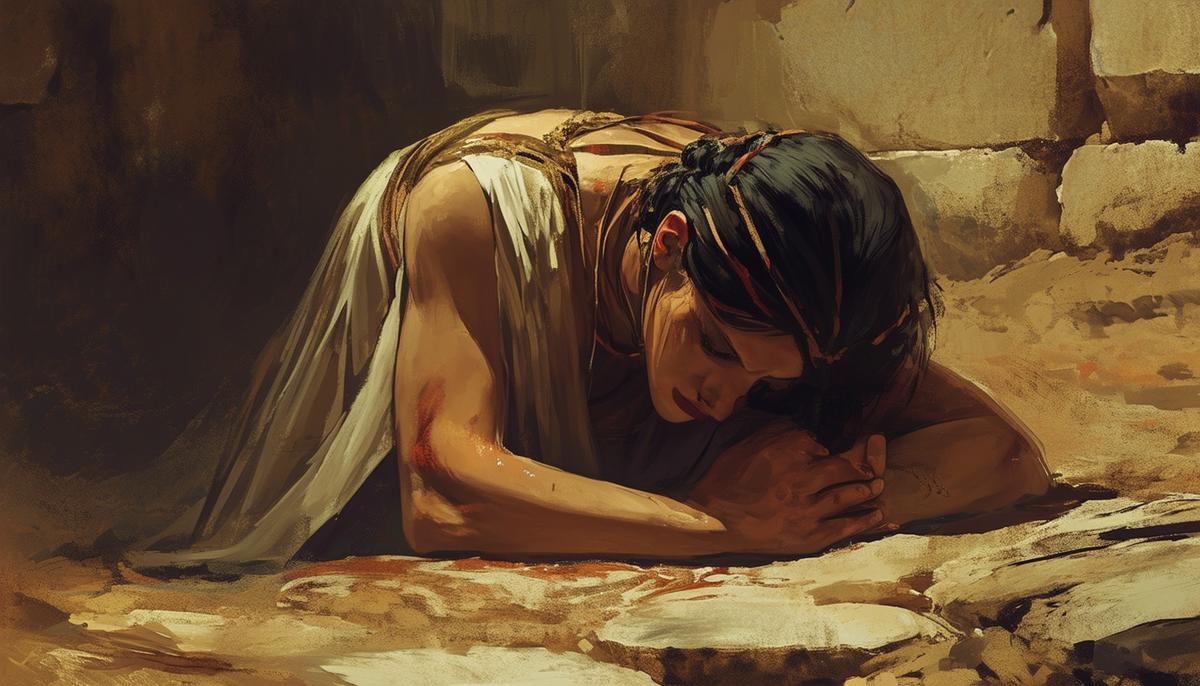 A painting of a tragic Antigone in her burial tomb as punishment for defying Creon