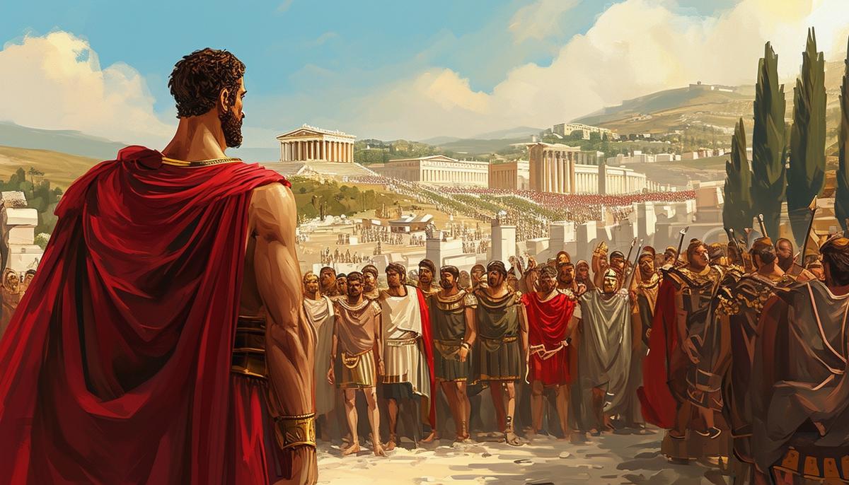 A painting showing Theseus as the wise King of Athens, bringing together the people and towns of Attica under one unified city-state.
