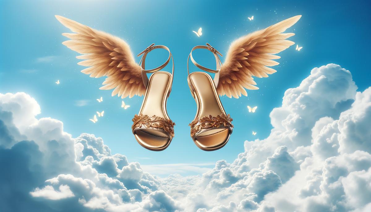 A pair of golden sandals with delicate wings attached, hovering above clouds