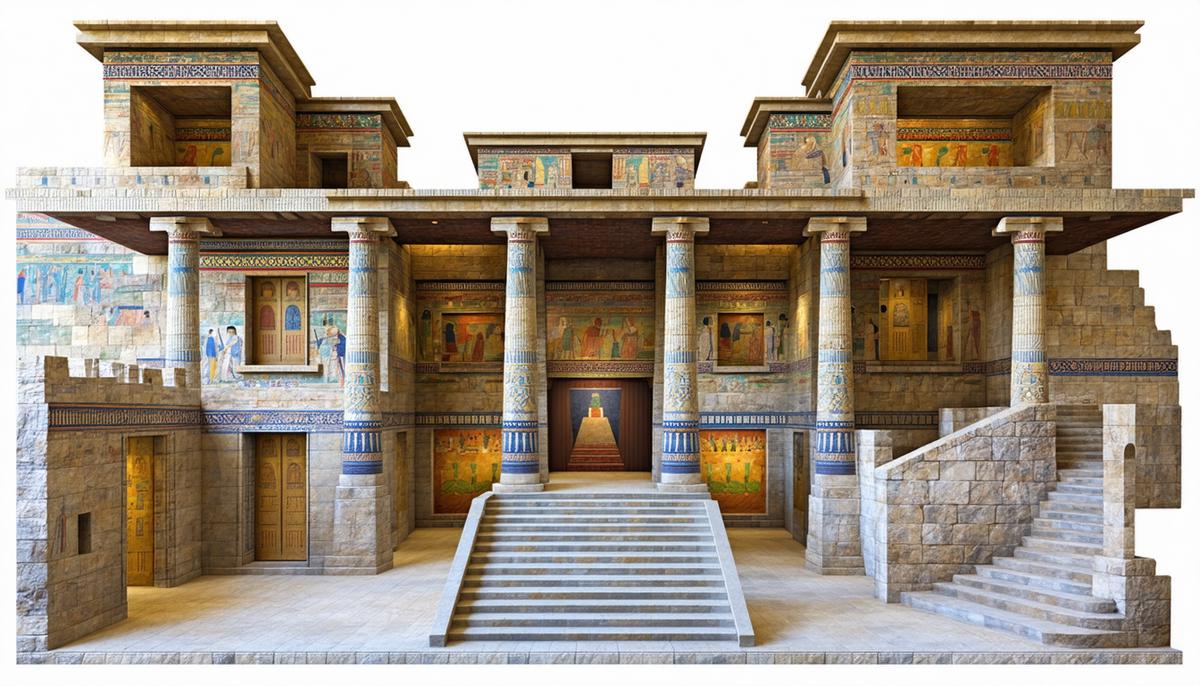 A partial reconstruction of the Palace of Knossos on Crete, showing its distinctive architecture and colorful frescoes