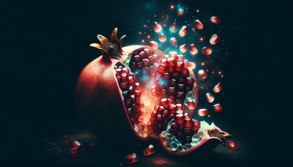 A partially opened pomegranate with seeds spilling out, some transforming into glowing orbs symbolizing life and death