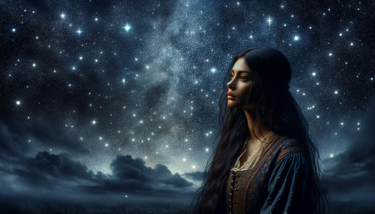 A pensive woman with long dark hair looking up at a starry night sky