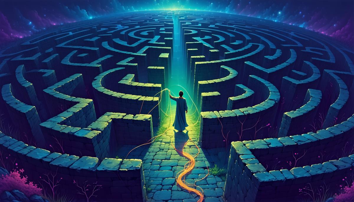 A person holding Ariadne's thread while navigating a complex labyrinth