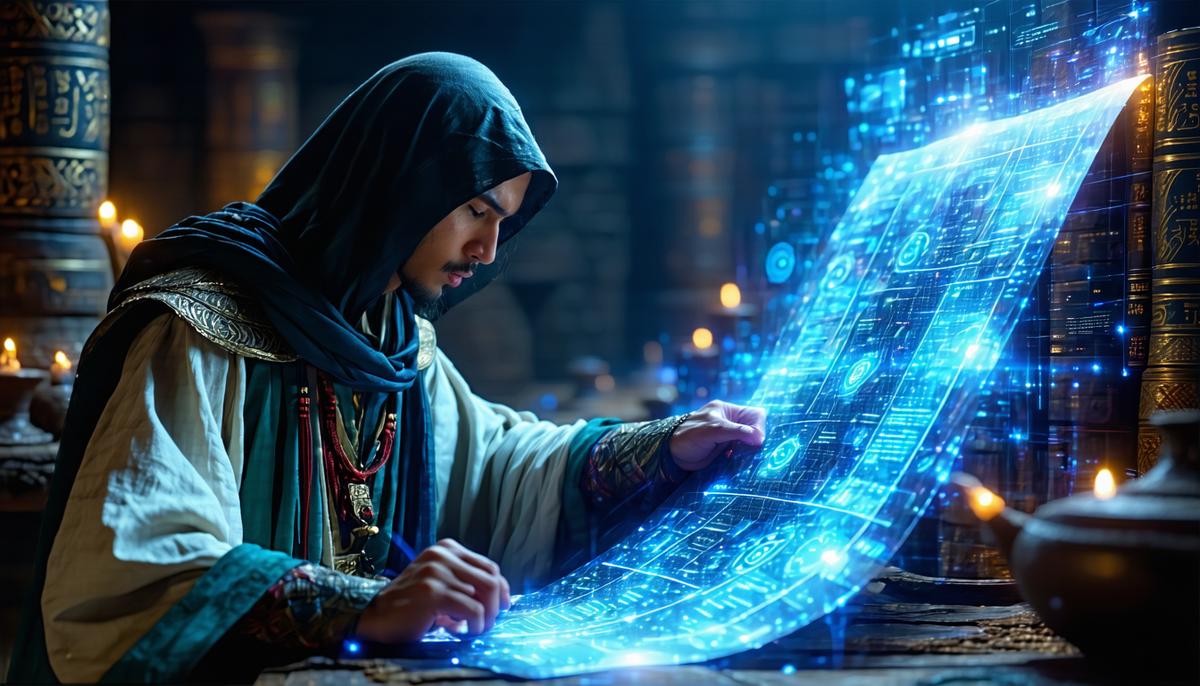 A person looking confused while examining both ancient scrolls and modern data charts