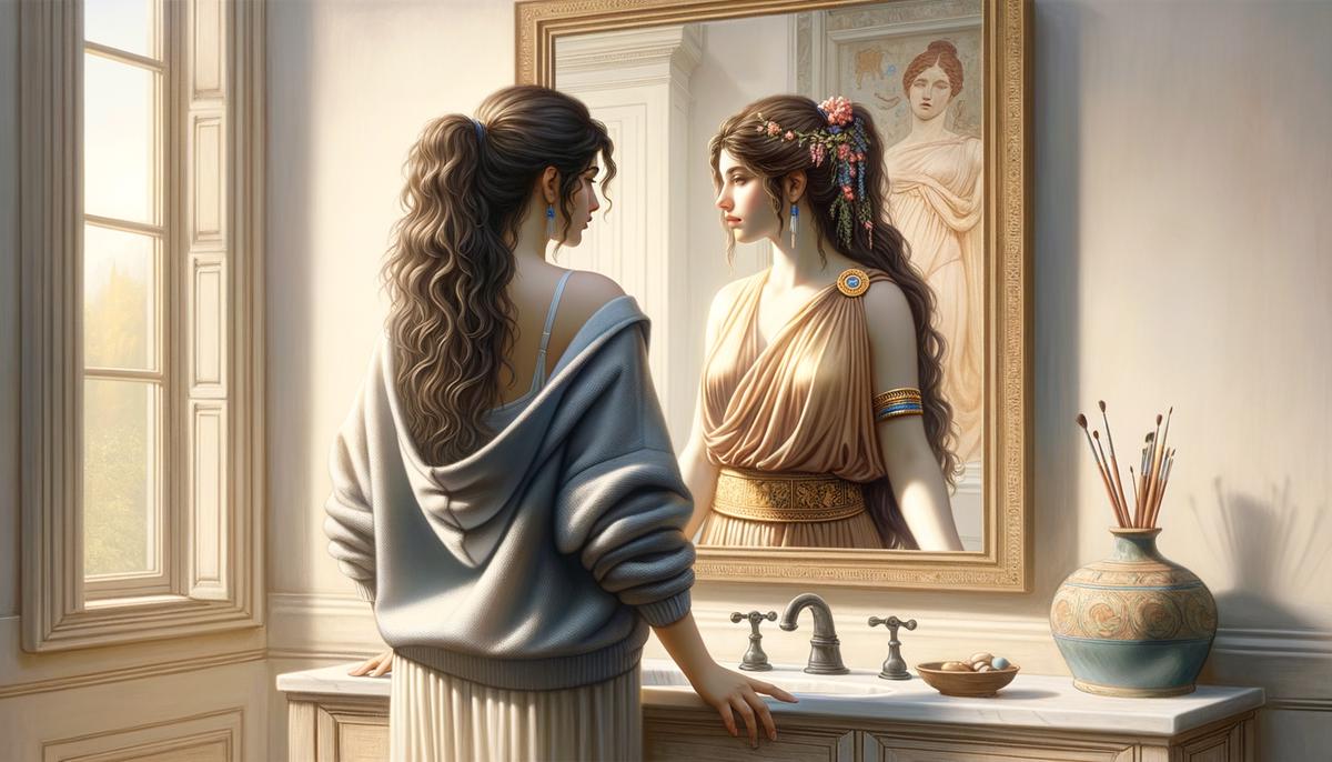 A person looking into a mirror, seeing both their modern self and a reflection of Oedipus in ancient Greek attire