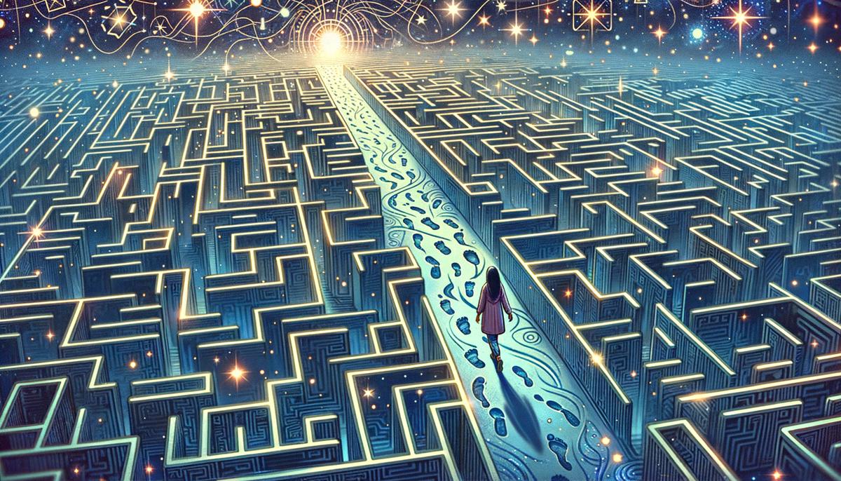 A person navigating a complex labyrinth with two paths, one marked by stars (fate) and the other by footprints (free will)