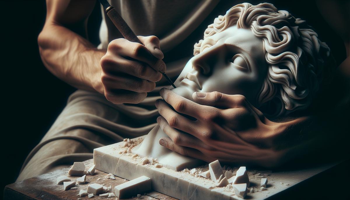A person's hands sculpting a human form out of stone