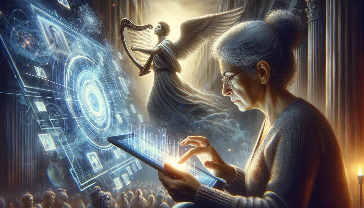 A person scrolling through digital memories while Orpheus plays in the background