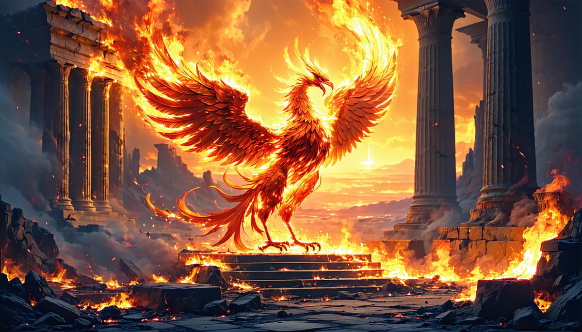 A phoenix rising from ashes near Asclepius' healing temple