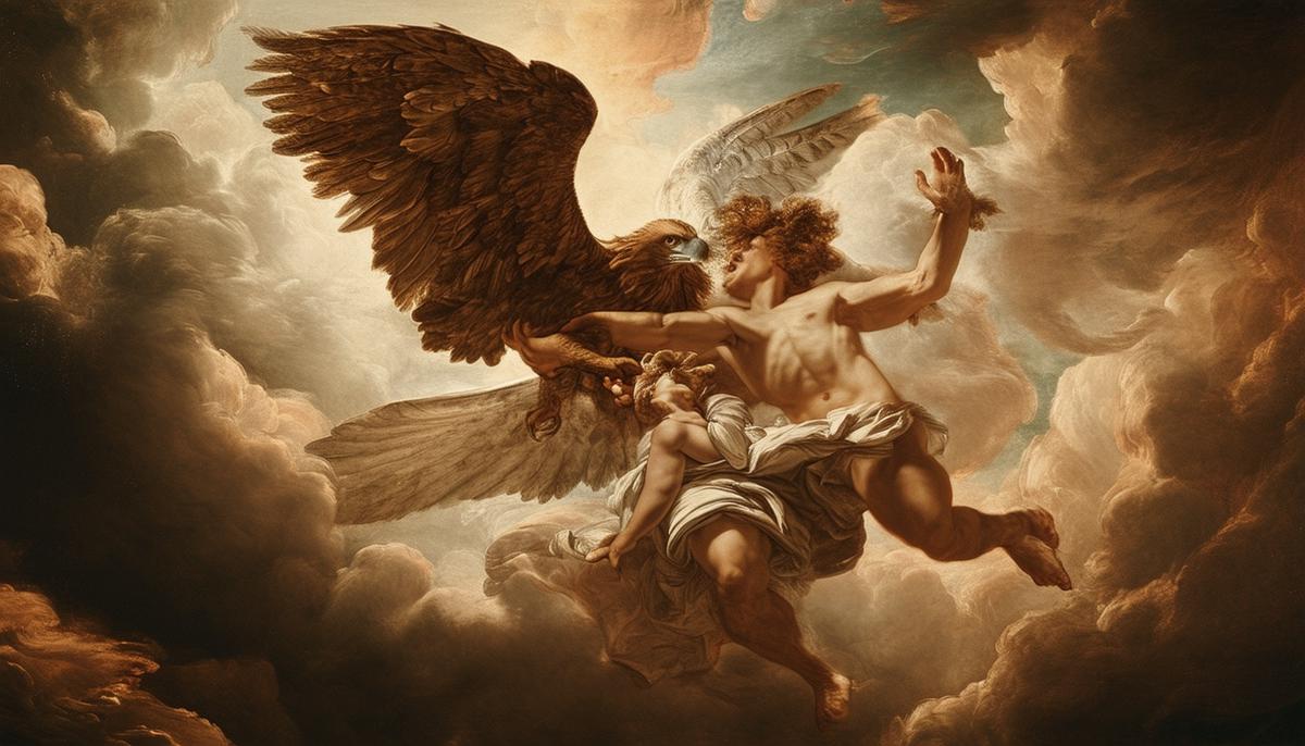 A photograph of Rubens' Baroque masterpiece 'The Abduction of Ganymede,' which captures the drama and emotion of the moment when Zeus, in the form of an eagle, sweeps Ganymede up into the heavens.