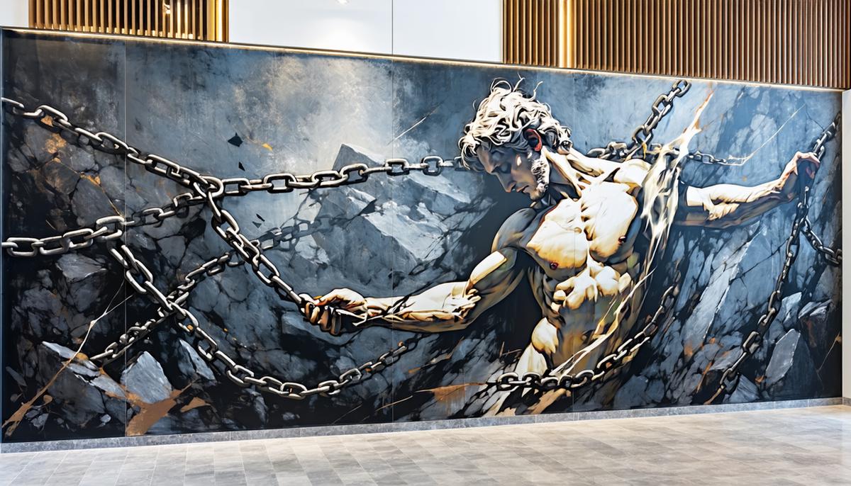 A PichiAvo mural showing Prometheus breaking free from chains in a modern urban setting