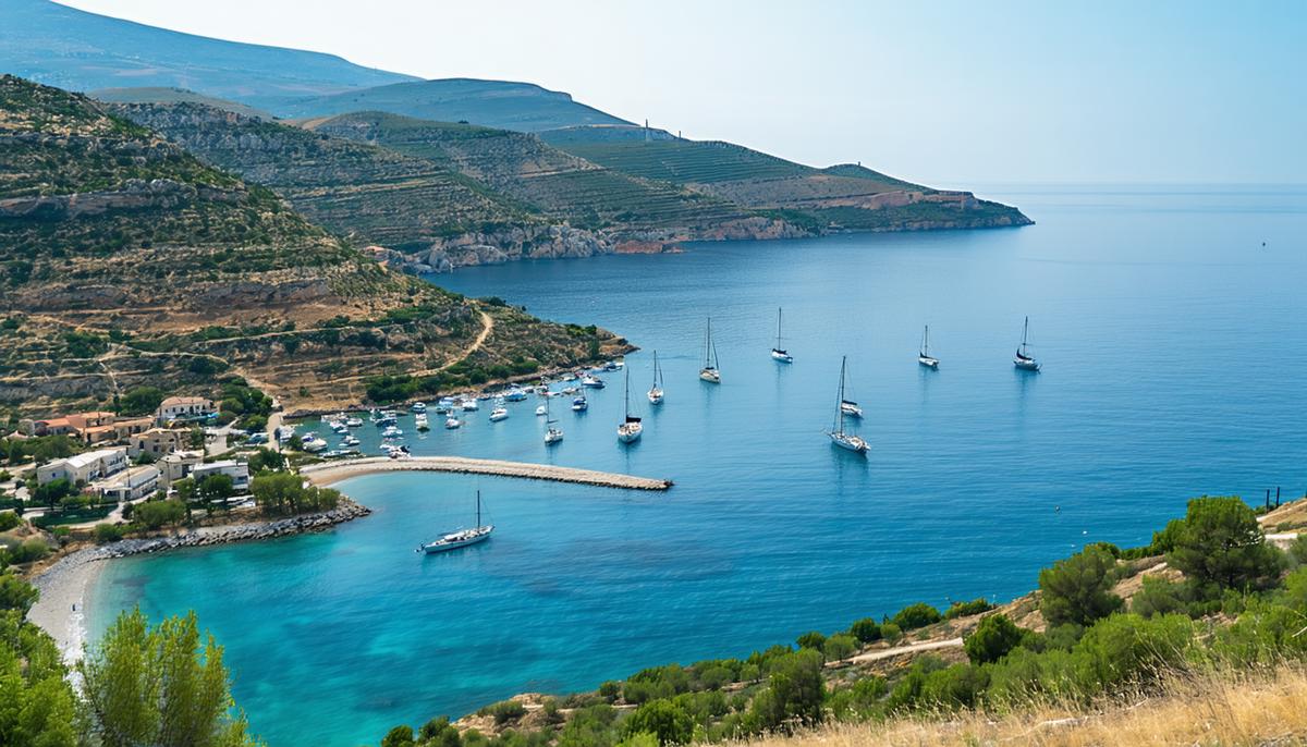 A picturesque bay on the island of Ithaca, with clear blue waters, a small fishing village, and surrounding green hills