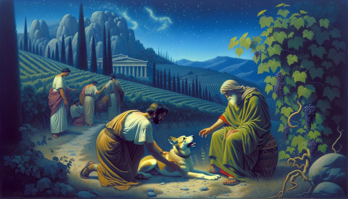 A poignant illustration capturing the heartbreaking moment when Erigone discovers her father's body, with Maera the loyal dog by her side.