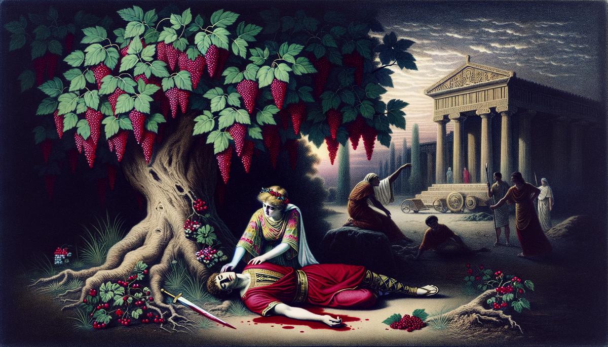 A poignant illustration showing the tragic end of Pyramus and Thisbe under the mulberry tree. Pyramus lies lifeless on the ground, his blood staining the white mulberries red. Thisbe kneels over him, her face a mask of grief as she grasps the sword. The mulberry tree looms above them, its branches heavy with the newly reddened fruit. The background suggests the garden where they planned to meet, with ancient Babylonian architecture visible in the distance.