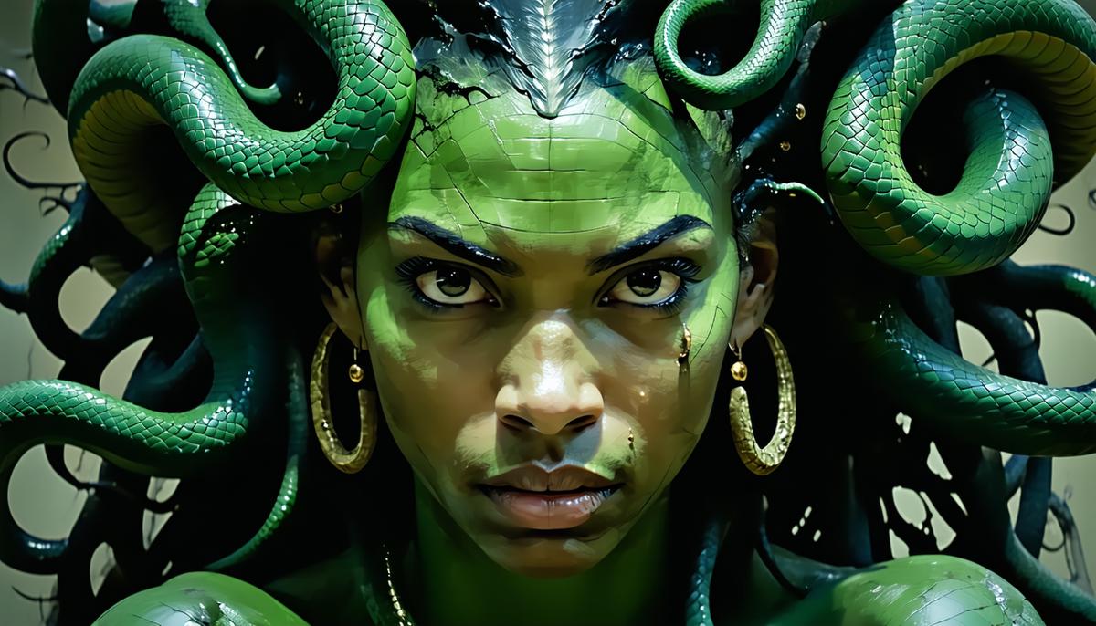 A powerful and beautiful Medusa figure with snake hair, looking determined and strong