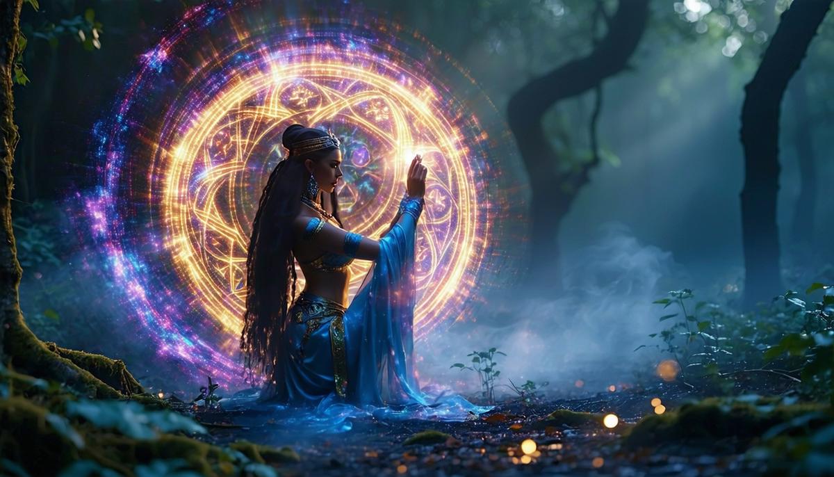 A powerful Circe figure in a natural setting, surrounded by magical elements